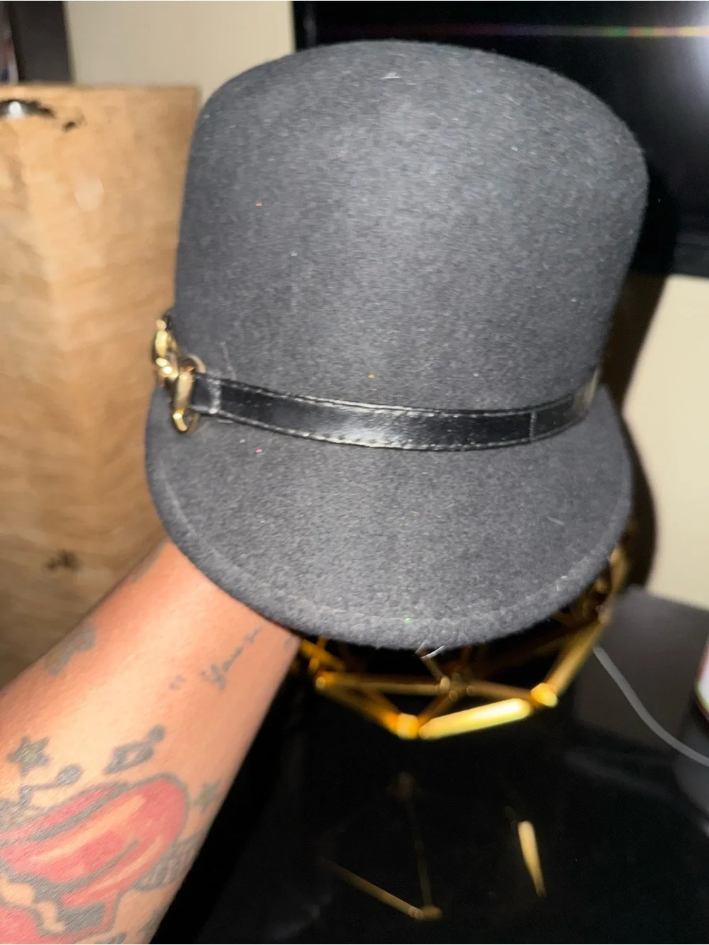 Black Wool Cap with Leather Band - womens Hat